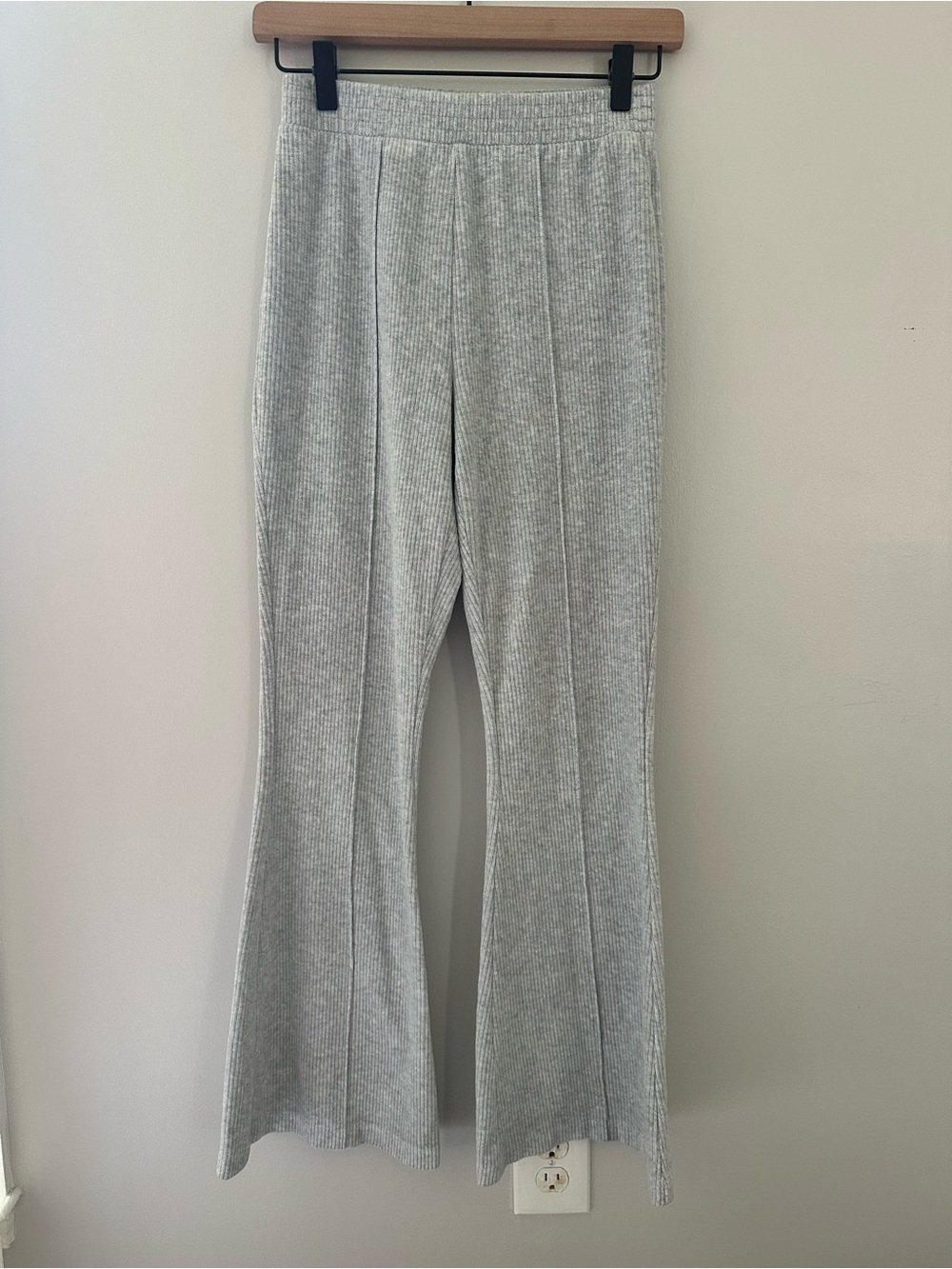 Aerie Light Gray Ribbed Knit Flare Cozy Pants